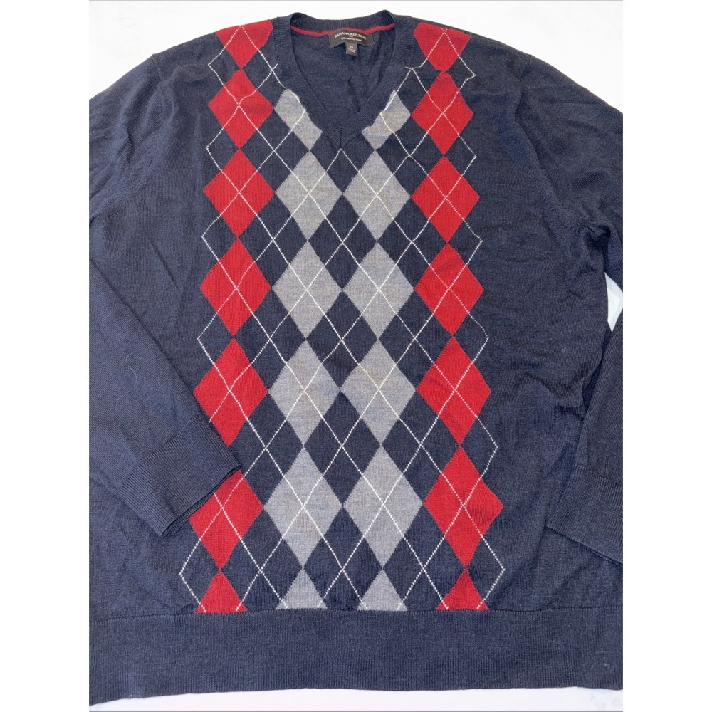 MENS BANANA REPUBLIC V-NECK Argyle SWEATER XL MERINO WOOL Navy BLUE Preppy